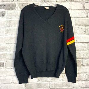 Vintage Black V-Neck Sweater with Red and Yellow Accents